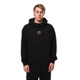 Canguro negro con capucha, cordones ajustables y bolsillo tipo canguro. Estampado pequeño en el pecho con diseño de tabla de surf y texto en blanco.