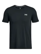 Remera deportiva negra de Under Armour, modelo Vanish Seamless, para hombre. Confeccionada en tejido transpirable de secado rápido y sin costuras para evitar roces. Presenta logo de la marca en el pecho.