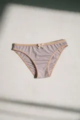Bombacha vedetina de corte clásico, confeccionada en eco lycra color rosado con detalles de ribetes y un pequeño moño en la parte frontal.