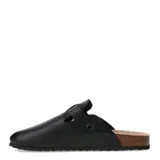 Zuecos de estilo mule color negro, con capellada de cuero sintético, tira ajustable con hebilla lateral y suela de corcho con base de goma antideslizante.