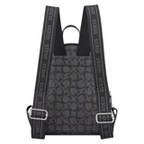 Mochila Guess modelo Nessa, color negro con estampado de monograma de la marca en gris oscuro. Presenta un bolsillo frontal con cierre, tiradores metálicos con forma de flor y correas ajustables con el logo de la marca estampado.