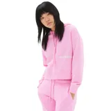 Buzo New Balance Essentials Hoodie de frisa rosa con capucha y cordones ajustables. Logotipo de New Balance estampado en el pecho.