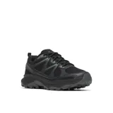 Championes de senderismo Merrell modelo Tempo Exp, color negro con detalles en gris oscuro. Presentan una construcción robusta con malla transpirable y refuerzos sintéticos, cuello acolchado, cierre de cordones y suela de goma con tacos para mayor tracción y absorción de impactos.