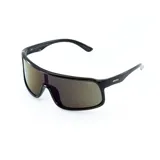 Lentes de sol MDQ modelo Byron con armazón envolvente de color negro y cristales espejados oscuros. Presentan el logo de la marca en las patillas y en el cristal.