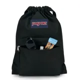 Mochila JanSport negra con cierre tipo bolsa, tirantes ajustables y bolsillo frontal con cierre.