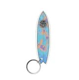 Llavero con forma de tabla de surf de la marca Rip Curl, con un diseño estampado en tonos azules, turquesas, naranjas y violetas.