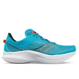 Championes Saucony Kinvara 14 color celeste con detalles en naranja y suela blanca.