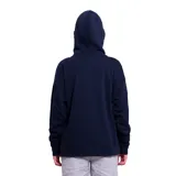 Campera deportiva de color azul marino con capucha, cierre frontal completo y bolsillos tipo canguro. Presenta un pequeño logo estampado en el pecho y puños acanalados.