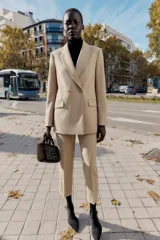 Blazer cruzado de cuello solapa y manga larga, en color beige, con bolsillos con solapa en el delantero y cierre frontal con botones forrados.