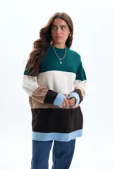 Buzo de tejido de punto con diseño de franjas horizontales en bloques de color verde, blanco, marrón, negro y celeste. Presenta cuello redondo, mangas largas y un corte holgado.
