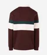 Saco de algodón con diseño de bloques de color en tonos marrón, verde y blanco. Presenta cuello polo con cierre de botones y mangas largas.