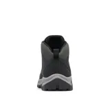 Bota de senderismo Columbia modelo Transverse Hike, impermeable y transpirable. Presenta una combinación de cuero y malla en color negro con detalles en gris y toques de rojo en los cordones. Cuenta con entresuela TechLite para amortiguación y suela Omni-Grip para tracción todoterreno.