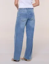 Jean wide leg de tiro medio y corte amplio, color azul claro. Presenta cintura con presillas, acceso frontal mediante cierre y botón metálico, y diseño de cinco bolsillos clásicos.