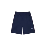 Short azul marino de Eme Studios, con cintura elástica con cordón ajustable, bolsillos laterales con cierre y líneas laterales en contraste. Presenta el logo de la marca bordado en la pierna izquierda.