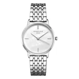 Reloj analógico Rosefield con caja redonda de acero inoxidable plateado y esfera de nácar blanco. Presenta una malla de acero inoxidable con eslabones texturizados y cierre ajustable.