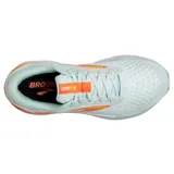 Championes de running Brooks Ghost 16, color celeste con detalles en naranja y amarillo.