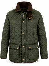 Campera acolchada color verde militar con diseño capitonado de rombos, cuello alto de pana marrón, bolsillos frontales con solapa y cierre central con botones a presión y cremallera.
