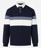 Saco masculino de algodón con diseño de bloques de color en azul marino, gris y blanco. Presenta cuello polo con botones, manga larga y puños ajustados.