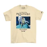 Remera de algodón color beige con estampado gráfico central de la película La Princesa Mononoke, presentando a San y Moro sobre una roca.
