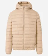 Campera ultraligera gris con capucha, cierre de cremallera, bolsillos con cremallera y diseño acolchado.