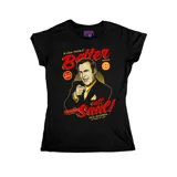 Remera negra de corte entallado con estampa frontal gráfica de Saul Goodman, personaje de la serie Better Call Saul, junto con el logo y frases icónicas del abogado.