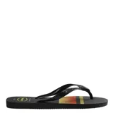 Ojotas Havaianas modelo Top Basic, color negro con diseño de franjas horizontales en tonos naranja y amarillo en la base. Presentan tiras negras con textura y logo de la marca en relieve.