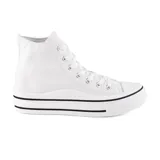 Zapatillas deportivas de caña alta color negro, con cordones blancos, suela de plataforma blanca con línea negra y detalles de costuras blancas.
