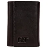 Billetera tríptica de cuero sintético color negro, con diseño compacto y logo de la marca grabado en el frente.