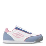 Championes urbanos Umbro modelo Lane Lady, color blanco con detalles en gris, violeta y celeste. Presentan una combinación de materiales sintéticos y gamuza, con suela de goma color caramelo y logo de la marca en el lateral.