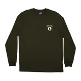 Remera de manga larga color verde oscuro, con cuello redondo y un pequeño estampado frontal que incluye el logo de Santa Cruz Skateboards y una bola de billar número 8.