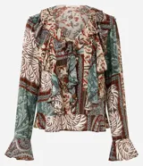 Blusa tipo bata de viscosa Marfinno con estampado paisley multicolor, escote en V con cordones para atar, volados frontales y mangas largas con puños amplios.