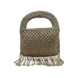 Bolso de mano bordado con mostacillas en tonos plateados, con diseño texturizado, asa corta incorporada y flecos colgantes en la base.