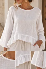 Blusa de lino color blanco, con escote redondo, mangas largas acampanadas y detalle de volado en el ruedo inferior.