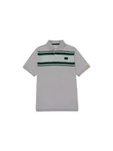 Remera tipo polo de manga corta color gris, con diseño de franjas horizontales en tonos verde oscuro y verde claro en la parte superior del pecho. Presenta cuello clásico con botones, parche de silicona con logo en el pecho y detalle bordado en la manga.