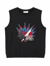 Musculosa negra sin mangas con cuello redondo y estampa frontal de tigre con diseño de rock, corazón y rayo.