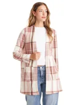 Cardigan abierto de tejido soft con estampado animal print tipo cebra en tonos marrón y negro. Presenta corte recto, mangas largas y bolsillos frontales aplicados.