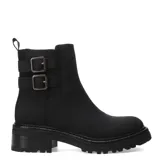 Botas de caña corta color taupe, con suela track y dos hebillas decorativas laterales. Presentan un diseño urbano con acabado mate y tirador en la parte posterior.