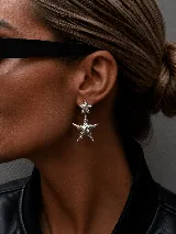 Aros colgantes plateados con diseño de doble estrella de mar con textura rugosa.