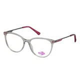 Armazón de anteojos MDQ modelo GZ08, con frente de acetato transparente y patillas metálicas en color gris con detalles en fucsia.