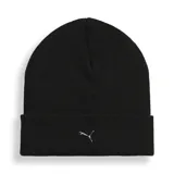 Gorro tipo beanie de punto color negro con vuelta y logo metálico de Puma en la parte frontal.