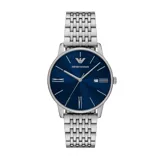 Reloj Emporio Armani con caja plateada de 39mm, esfera azul y pulsera de acero inoxidable plateado.