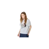 Remera oversize gris melange de manga corta y cuello redondo, con estampado frontal gráfico que simula un disco de vinilo y su portada con la inscripción "emestudios".