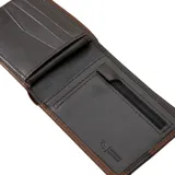 Billetera marrón de cuero con banda horizontal negra y logo metálico.