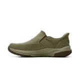 Zapatos casuales Skechers modelo Slip-ins Relaxed Fit Meroe Dayton color marrón, sin cordones, con parte superior de lona y suela de caucho Goodyear.