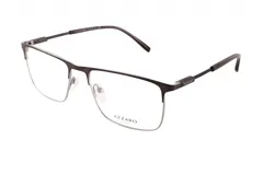 Armazón de anteojos rectangular de metal color negro con detalles plateados en el borde inferior de los lentes y el logo de la marca en la patilla.