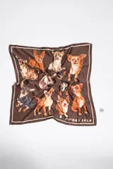 Pañuelo cuadrado de color marrón con estampado de perros chihuahuas y marco blanco, de la marca Bimba y Lola.