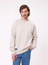 Buzo de cuello redondo Rusty, confeccionado en tejido de algodón y poliéster, con diseño liso en color beige, puños y ruedo acanalados, y detalle de etiqueta de la marca en el frente.