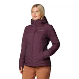Campera técnica acolchada de mujer con capucha, color bordó. Cuenta con cierre frontal completo, bolsillos laterales con cremallera, puños con orificios para pulgares y forro interior térmico reflectante.