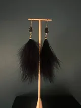 Aros colgantes de plumas negras con detalle de piedra natural oscura y herrajes dorados.