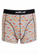 Boxer de algodón con estampado de ajíes naranjas y rojos sobre fondo gris a rayas horizontales negras. Cuenta con cintura elástica negra con la inscripción motor oil en blanco.